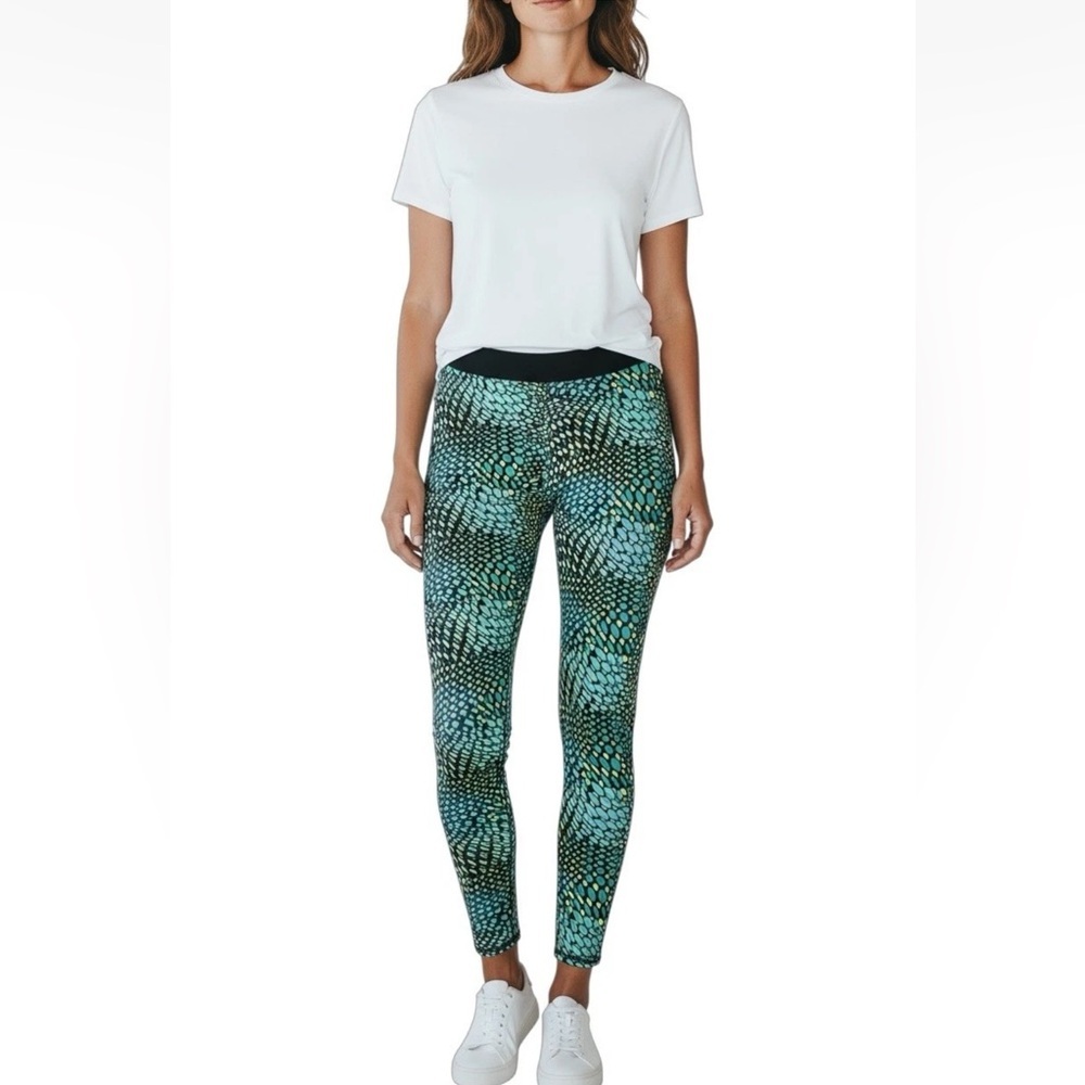 HUE Aruba Blue Abstract Dot Print Exposed Waistband Capri Leggings Size XL